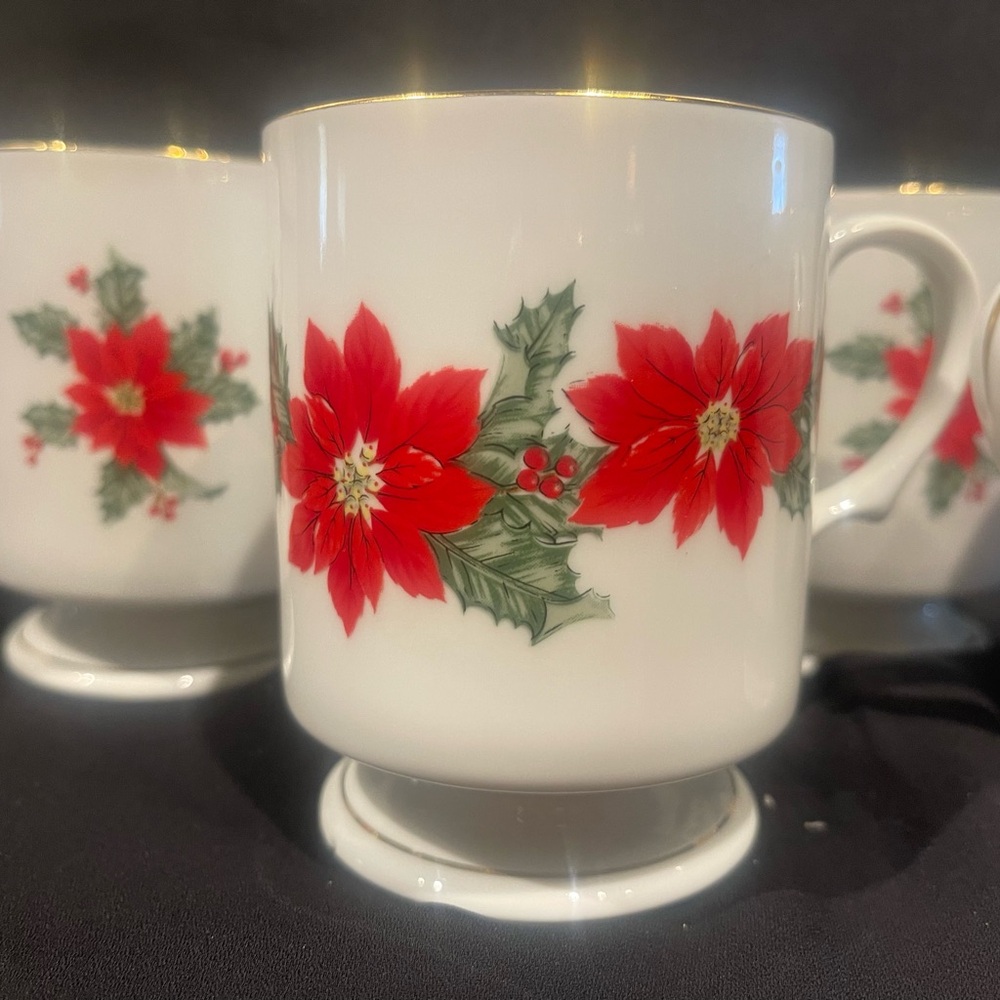 Lefton Footed Mug Set with Red Poinsettia Design